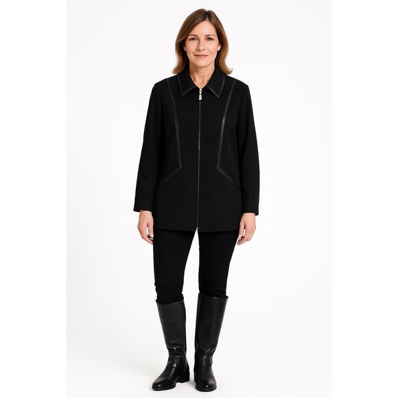 St. John Sport By Marie Gray Black Blazer S Leather Trim Jacket Full Zip Modern - Picture 1 of 8